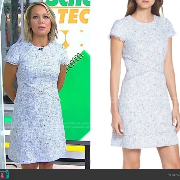 NWOT Eliza J Light Blue Tweed Sheath Dress Eyelash Fringe Trim Size 12 - Picture 2 of 11